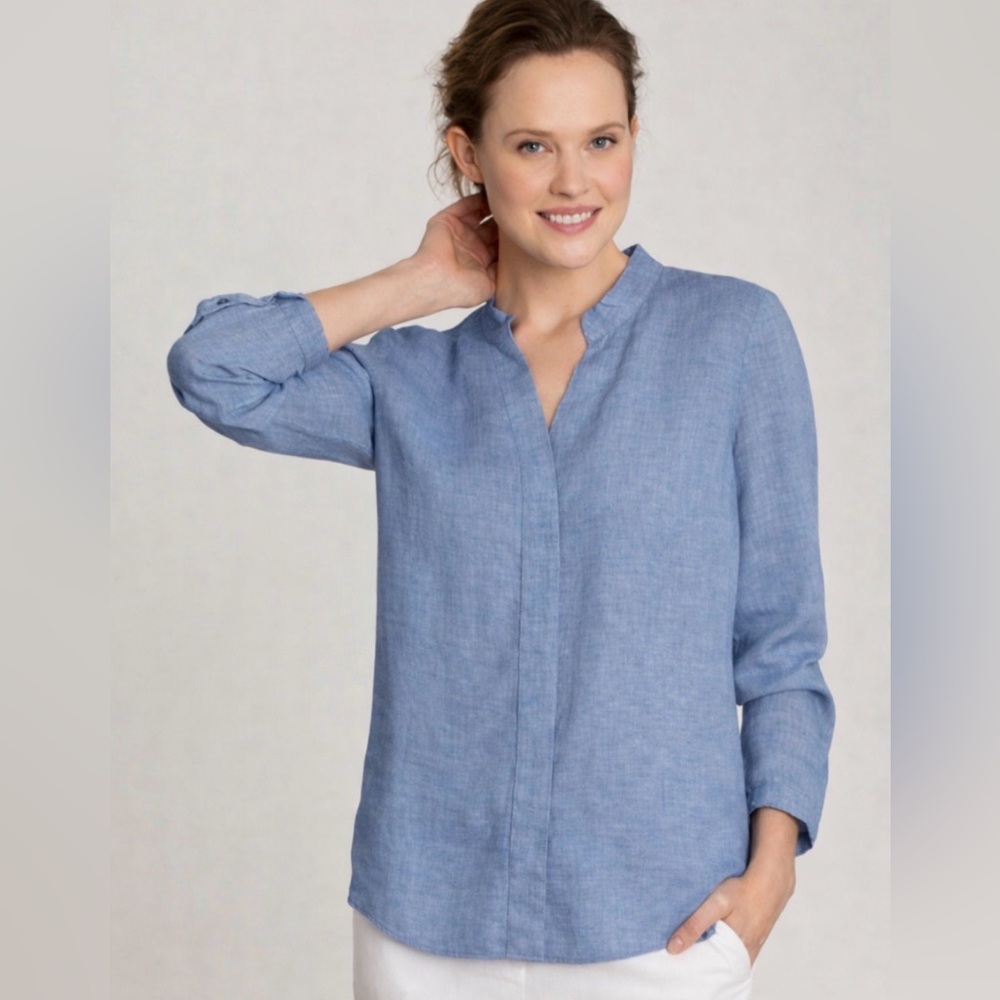 NIC+ZOE Chambray Linen Blue V Neck Button Down Blouse Size Small